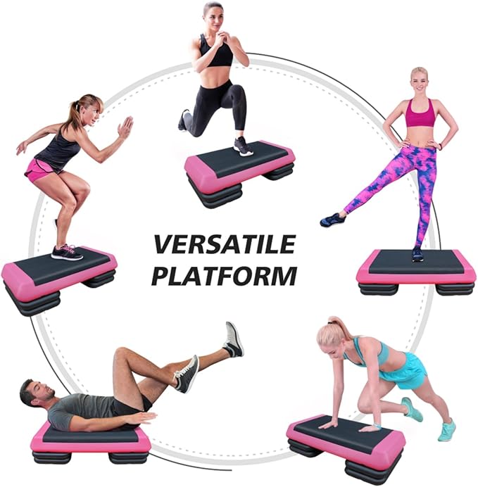 Househould Adjustable Workout Aerobic Stepper in Fitness & Exercise Step Platform Trainer Pink Black with 2 or 4 Risers