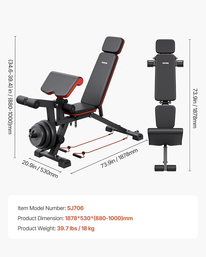 VEVOR Weight Bench, 800lbs Adjustable Weight Bench Press for Full Body Workout, Exercise Sit up Bench for Home Gym Strength Training, Flat Bench with with Leg Extension, Preacher Pad, Fast Adjustment