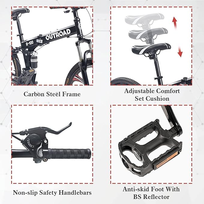 26 ich Folding Mountain Bike, 21 Speed High Carbon Steel Mountain Bike for Adults with 26 Inches Durable Tires, Front Suspension Folding Bicycle for Women and Man