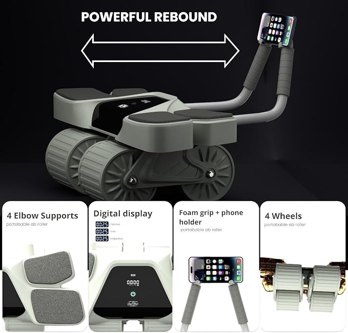 2025 New 4-Wheel Abdominal Roller with Elbow Support : Latest Upgraded High-Performance Exercise Machine With Automatic Rebound, Multi- layered Anti-Slip Design with Calorie Counting LCD Screen