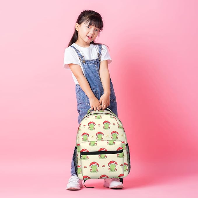 Kawaii Frog Print Backpack for Boys Girls Bookbags Lightweight Adjustable Elementary Middle High School Bags for Kids Children Teenagers Travel Daypack Laptop Hiking Backpacks