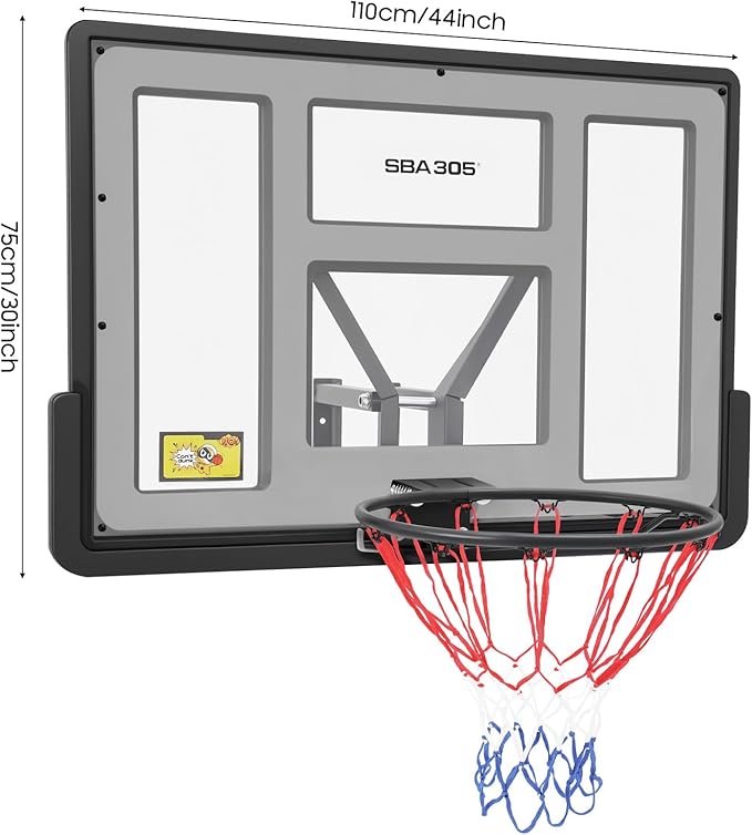 44'' Basketball Backboard and Rim Combo, Wall Mounted Hoops with PET Shatter Proof Backboard and Durable Rim, All-Weather Net for Indoor and Outdoor Use