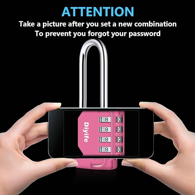 2.6 Inch Long Shackle Combination Lock, Diyife 4-Digit Outdoor Waterproof Padlock, Plated Steel Combination Clasp with High Security, Schools, Gyms & Lockers, Pink