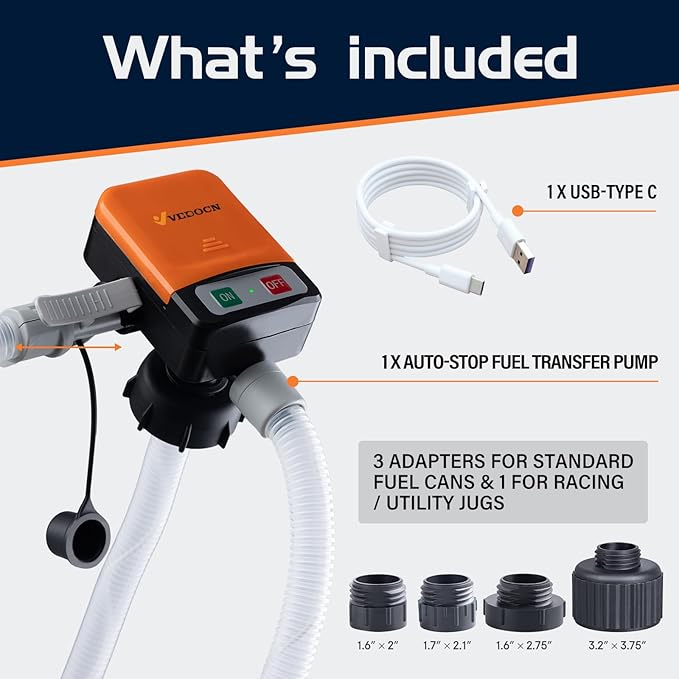 Automatic Fuel Transfer Pump with Auto-Stop, 51'' Extra Long Hose, 3.2 Gallon per Min, Fast and Safe Portable Gas Can Pump for Oil,Battery or USB Powered, 4 Can Adapters,Diesel,Gasoline (orange+Black)