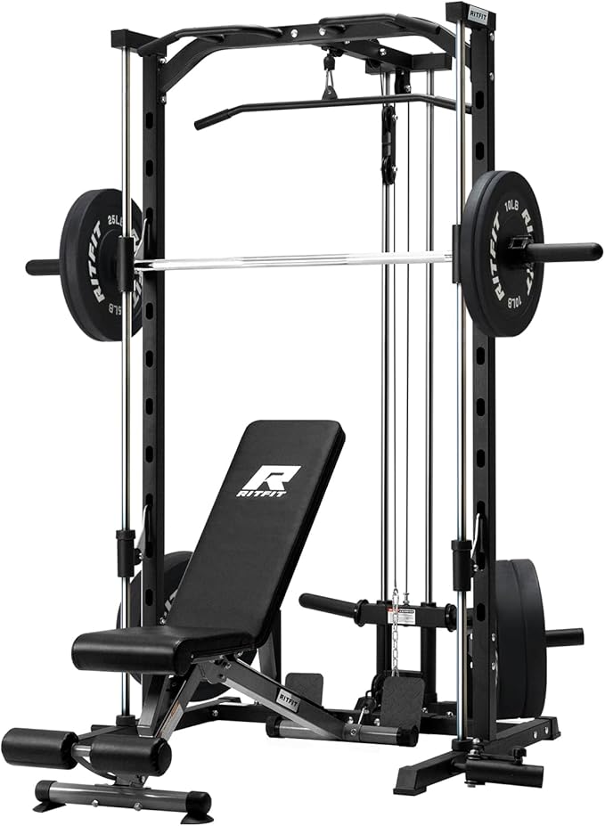 RitFit Smith Machine Power Rack with LAT-Pull Down System, Landmine, Barbell Bar, Plate Storage Pegs and More Training Attachment