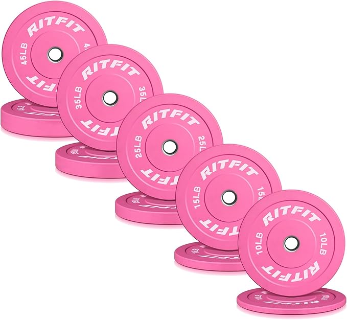 RITFIT Pink Weight Plates, 2 Inch Olympic Barbell Weight Plate, Bumper Plates With Steel Insert, Pink Weights for Gym and Home