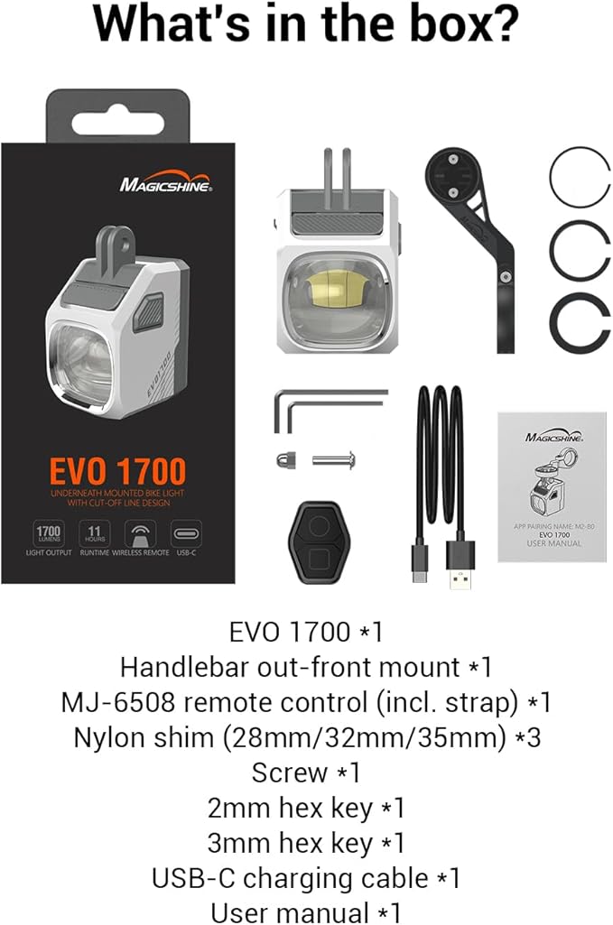 Magicshine EVO 1700 Underneath Mounted Bike Lights for Night Riding,USB-C Rechargeable Bike Headlight, IPX 6 Waterproof Bike Front Light for Road Urban Cyclists