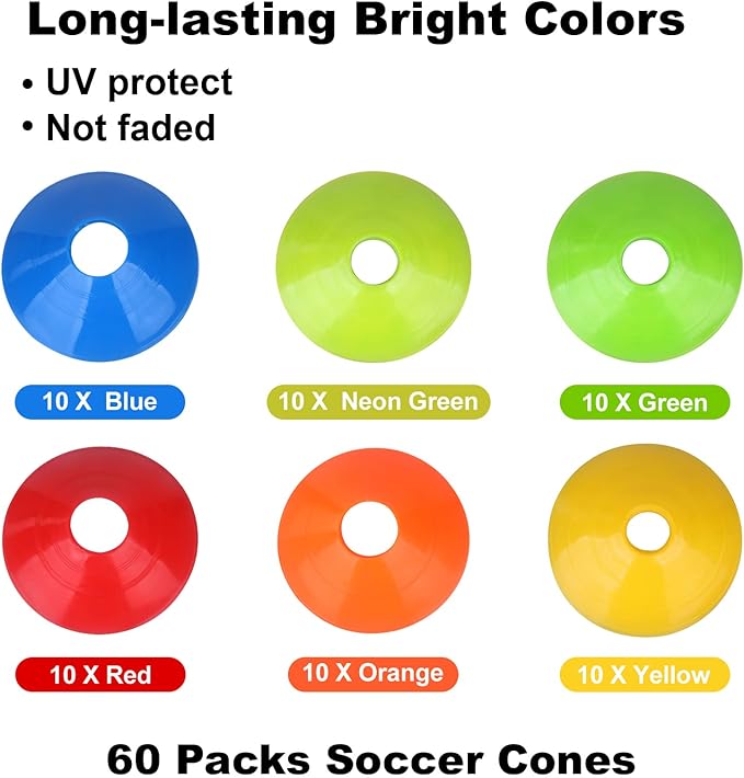 60PCS Soccer Cones with Strap Carry Bag Agility Disc Cones Soccer Training Cones, Field Marker Sport Training Cones for Challenge Football Basketball Skating Kids Games Outdoor Indoor