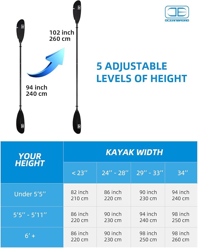 OCEANBROAD Adjustable Carbon Fishing Kayak Paddle - 94in/240cm-98in/250cm-102in/260cm Carbon Fiber Shaft with Paddle Leash