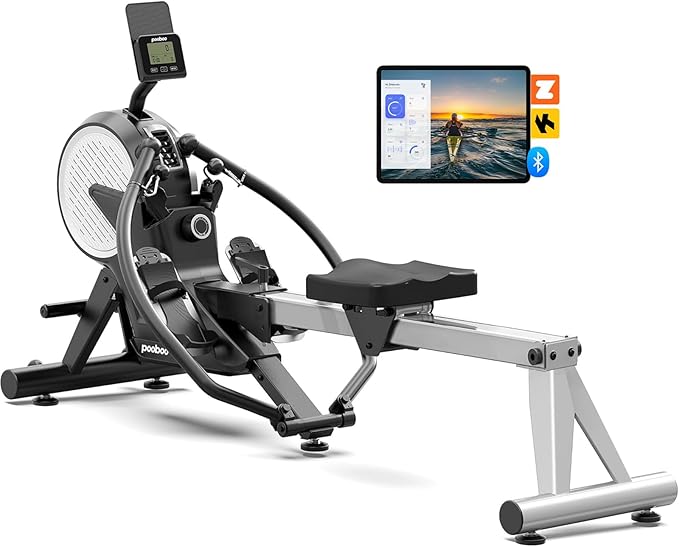 pooboo Rowing Machines for Home, Dual Wind & Magnetic Resistance, Foldable Row Machine 400 LB Weight Capacity, 14 Levels Resistance Quiet Rowers for at Home Exercise, App Supported