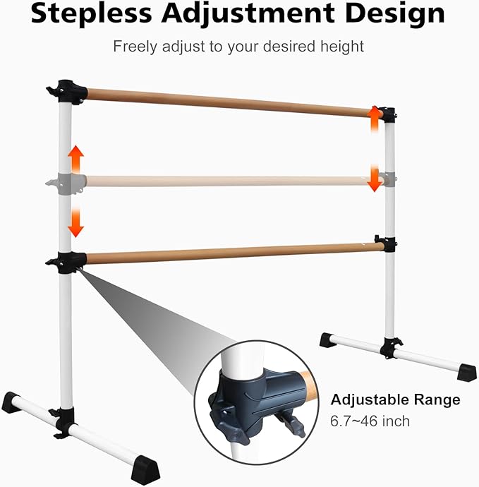 4FT/6FT Freestanding Ballet Barre Wood/Steel Height Adjustable from 7 to 46 inch Ballet Bar Portable Double Dance Bar for Home Workout and Stretch