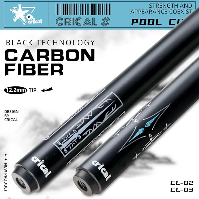 CRICAL Carbon Fiber Pool Cue Stick 58" Billiard Cue Sticks Professional Low Deflection Pool Sticks with 3/8 * 8 Pin Joint and 12.5mm Tip