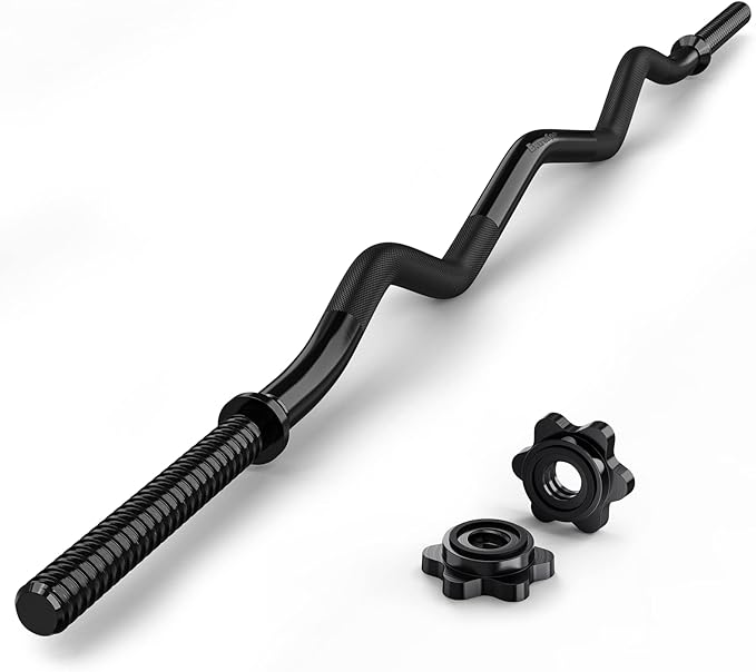 47" EZ Curl Bar Weight Lifting Bar, for Hip Thrusts/Squats/Lunges, 1" Weight Plates Curling Bar for Gym and Home, with Star Collars