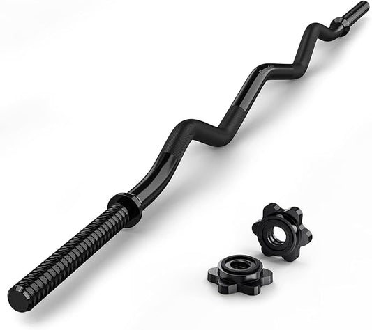 47" EZ Curl Bar Weight Lifting Bar, for Hip Thrusts/Squats/Lunges, 1" Weight Plates Curling Bar for Gym and Home, with Star Collars
