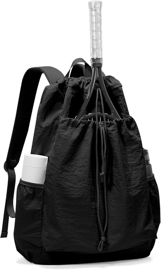Tennis Racket Bag for Women, Waterproof Tennis Badminton Backpack 2 Racquets, Drawstring Racket Case for Ball Paddles