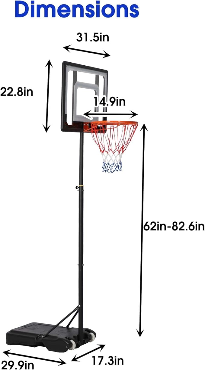 COLOR TREE Portable Basketball Hoop for Kids and Family - Indoor and Outdoor Basketball Goal System Height Adjustable 5ft to 6.8ft / 6.8ft to 8.5ft, 32in Backboard Basketball Stand with Wheels