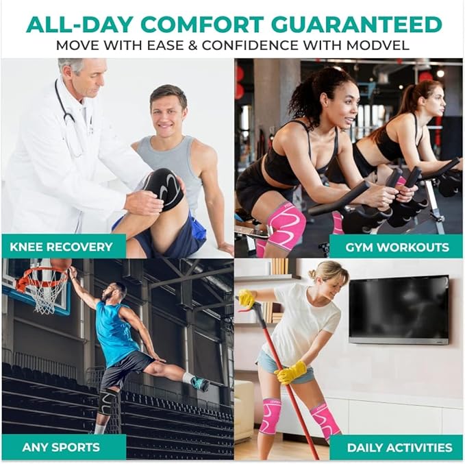 Modvel 2 Pack Knee Brace for Women & Men - Workout Knees Compression Sleeve for Knee Pain Relief Joint Support for ACL, Arthritis, Meniscus Tear Knees Brace for Sports, Rodilleras para Gym Fitness