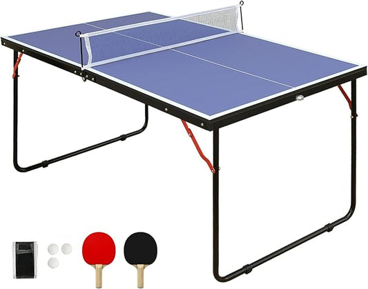 4FT/6FT/8FT/9FT Folding Rolling Table Tennis Table Regulation Ping Pong Table with 2 Paddles 3 Balls 1 Net and Post Set Fold-Up Design 4 Wheels for Easy Movement