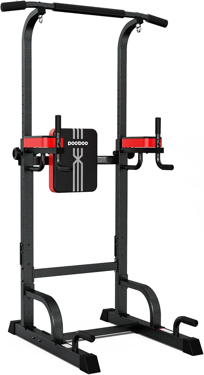 Pooboo Power Tower Dip Station Pull Up Bar for Fitness Home Gym Workout,Multi-Function Adjustable Height Fitness Strength Training Exercise Equipment,with Power Elastic Ropes