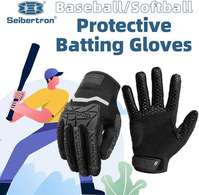 Seibertron B-A-R PRO 2.0 Signature Baseball + Softball + Teeball Batting Gloves Super Grip Finger Multiple 11 Sizes + 5 Colors Available Fit Adult Youth Kids Boys Girls Mens Women