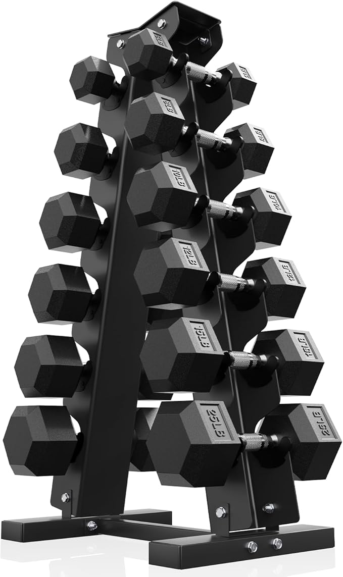 PAPABABE Dumbbell Set with Rack, Rubber Encased Hex Dumbbell Free Weights Dumbbells Set with Storage Rack, Home Weight Set