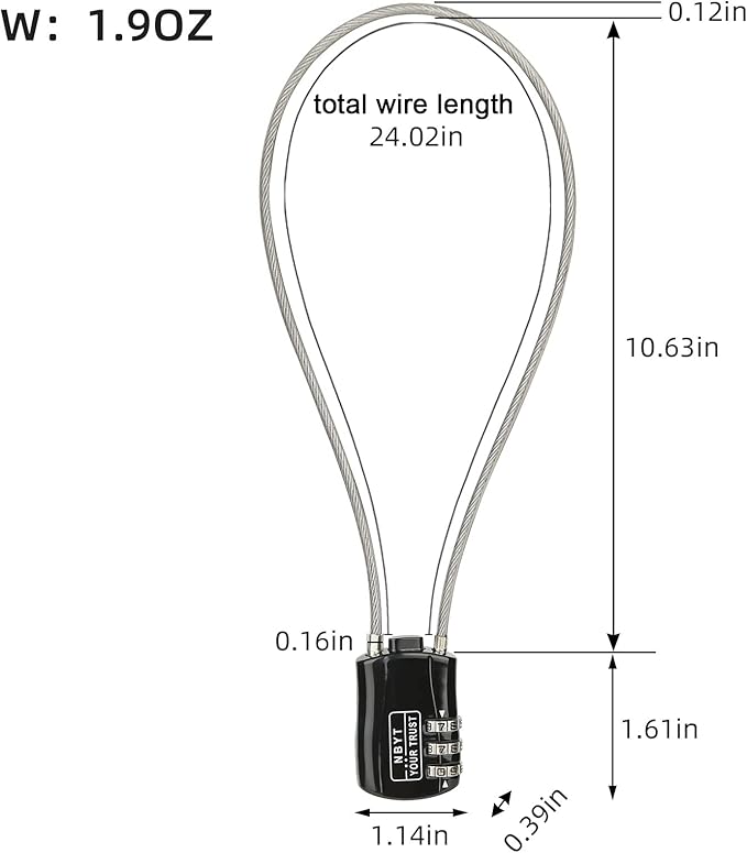 3-Digit Steel Cable Combination Padlock, Wire Diameter 3/24", 24" Circumference,for Travel Luggage, Backpack, Cycling Helmet, Small Cabinet, Gym Cabinet, Suitcase