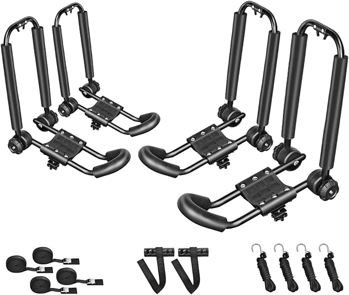 DRSPORTS Two Pairs Universal Foldable J-Bar Kayak Rack Folding Car Roof Top Carrier for Canoe, SUP, Kayaks, Surfboard and Ski Board Rooftop Mount on SUV, Car and Truck