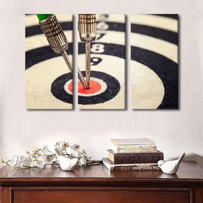 Canvas Wall Art 3 Panel Sports Theme Paintings Wall Art Dart Hits the Bullseye Pictures Dart Board Print on Canvas Wall Decor for Bar Club Bedroom Stretched and Framed Ready to Hang(40"Wx60"H)