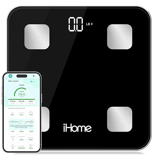 iHome Digital Bluetooth Smart Scale for Body Weight, Weight Scale, Including BMI, Body Fat, Muscle Mass, Batteries Included (Black Smart Bluetooth)