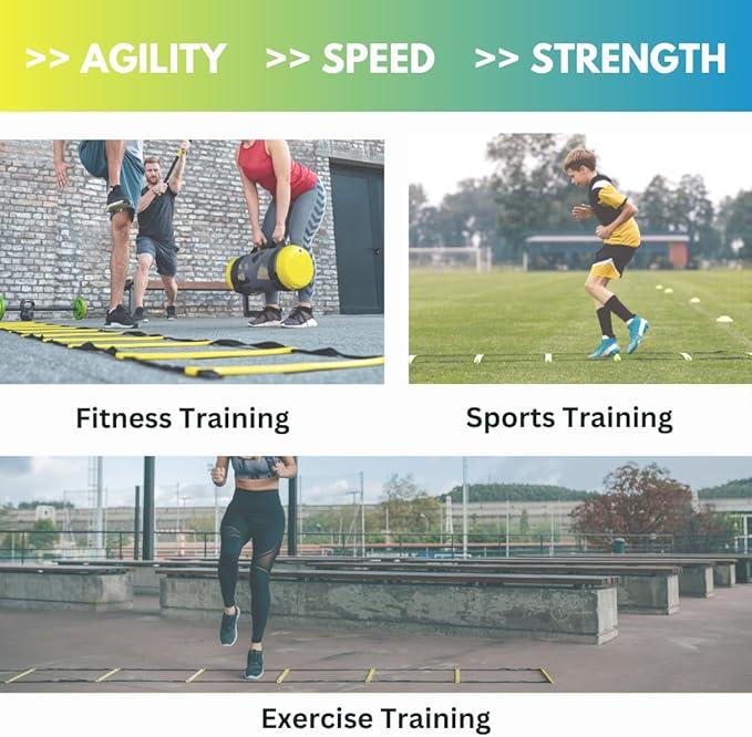DELUXE EDITION Agility Ladder Training Set - 13 Rung 21ft Agility Ladder w/13 Disc Cones, Carry Bag - Improve Speed & Strength Soccer, Football, Basketball w/4 Steel Pegs for Outdoor Workout Charts