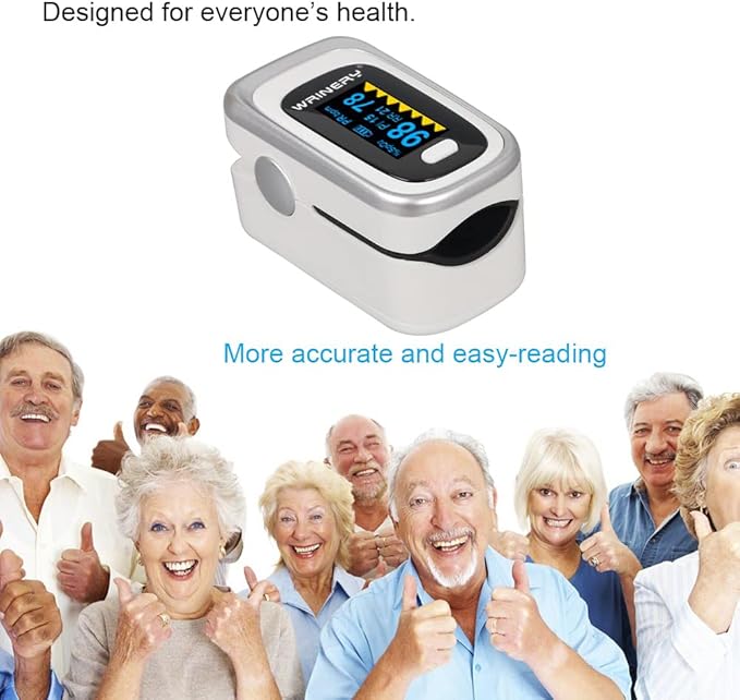 WRINERY Oxygen Saturation Monitor, Pulse Oximeter Fingertip, Oxygen Monitor, O2 Saturation Monitor, OLED Portable Oximetry with Batteries, Lanyard (Silver-White)