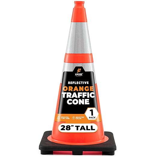 Xpose Safety 28 Inch Orange Traffic Cones with 6" & 4" Collars, 1-Pack - Multipurpose PVC Plastic Safety Cone for Parking, Soccer, Caution, Kids and Construction - DOT Approved