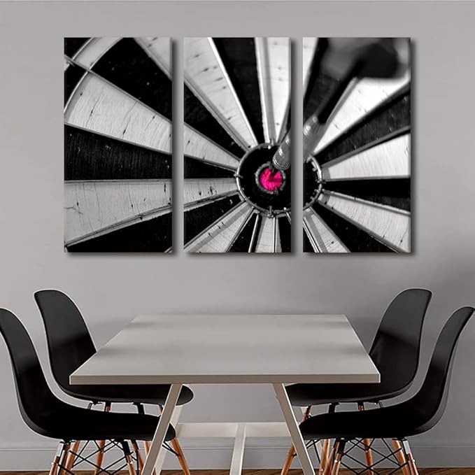3 Piece Black and White Wall Art Dart Hits the Bullseye Poster Sports Theme Artwork Motivational Wall Art Canvas Wall Art Wall Decor for BedroomDart Target Wall Art Framed Ready to Hang(40"Wx60"H)