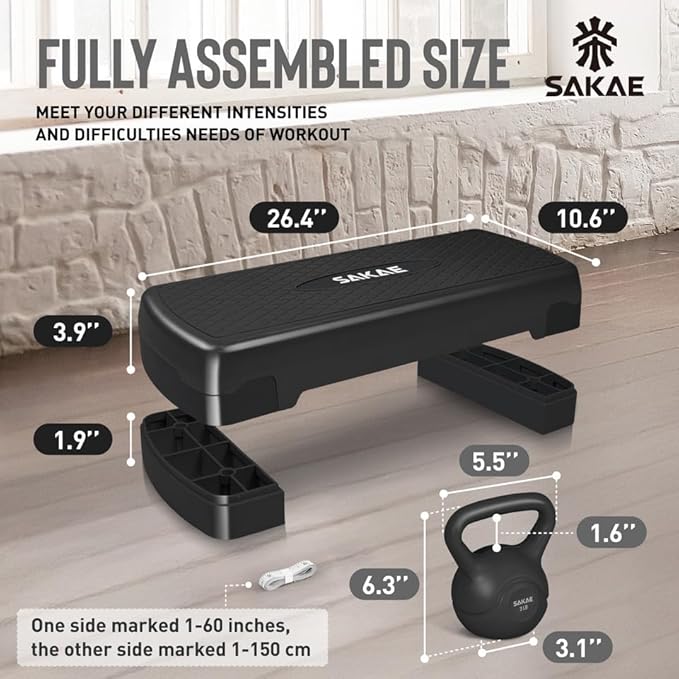 Adjustable Height Aerobic Stepper Set, Multiple Bundle Options with Dumbbells, Kettlebell, Waist Trimmer, Ankle Weights or Weighted Vest, Workout Exercise Step Platform w/Level Risers, 4 Colors