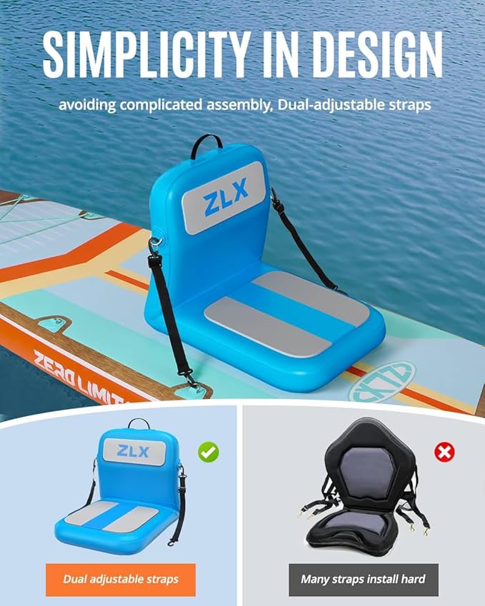 ZLX Paddle Board Seat with Back Support, Portable Kayak Seat, Air Pump Included, Universal Inflatable Seat for Adults, Foldable Ergonomic Design, Easy Fix for Outdoor Fishing/Kayaking/Camping