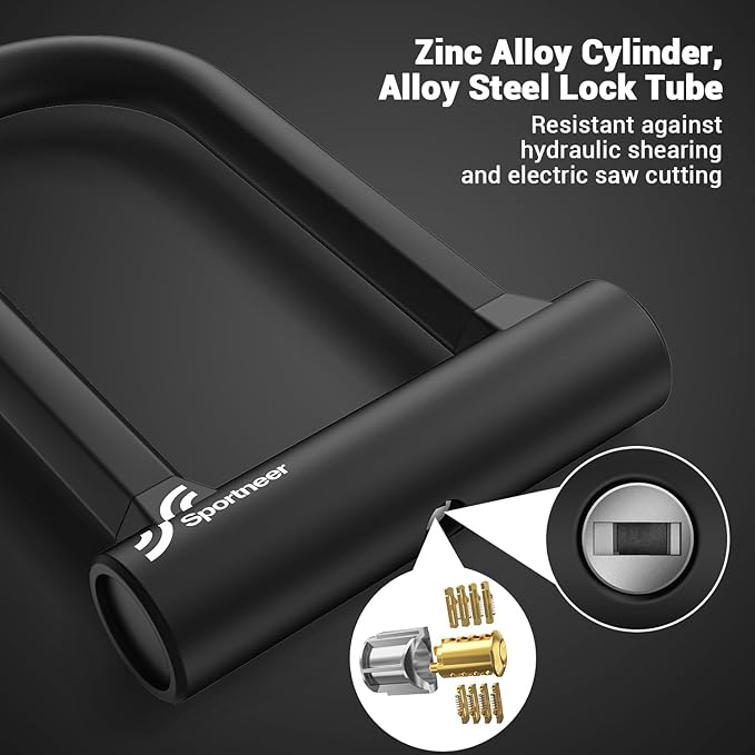 Sportneer Bike Lock - 17mm Shackle Heavy Duty Anti Theft Bike U Lock with 2 Keys - Bicycle U-Locks with Sturdy Mounting Bracket for Road, Mountain, Electric & Folding Bike, Size 7.76''x5.02''