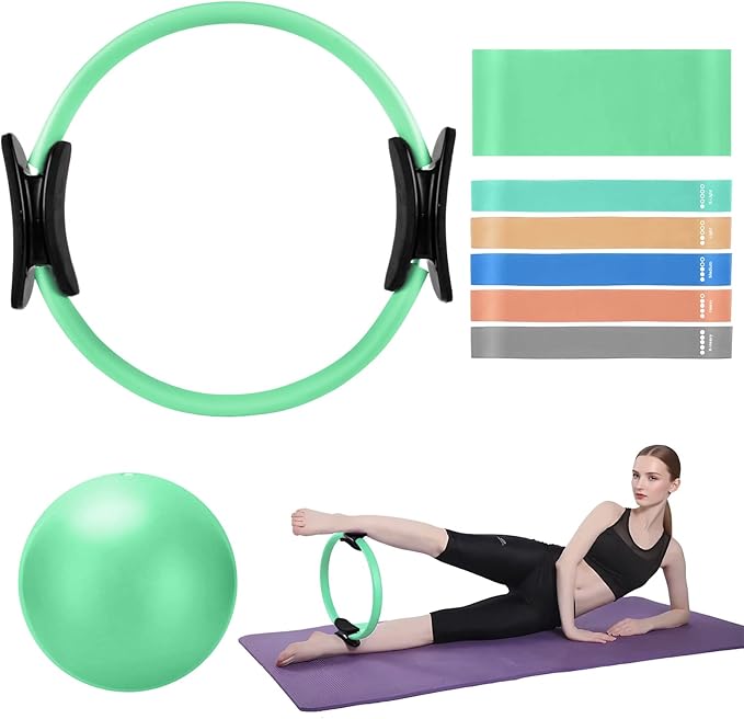 TOPZGLEEY Pilates Ring Set – 14" Anti-Deformation Magic Circle with Padded Handles, Mini Ball, 5 Resistance Bands, Guide, Pilates Equipment for Home Workout