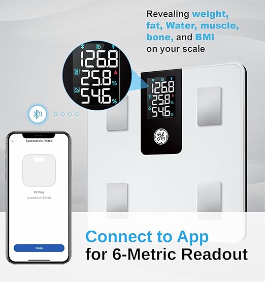 GE Smart Scale for Body Weight BMI Fat Muscle Mass with All-in-one LCD Display, Digital Bathroom Weight Scale Bluetooth Body Composition Monitor with App, Accurate Weighing 400lb White