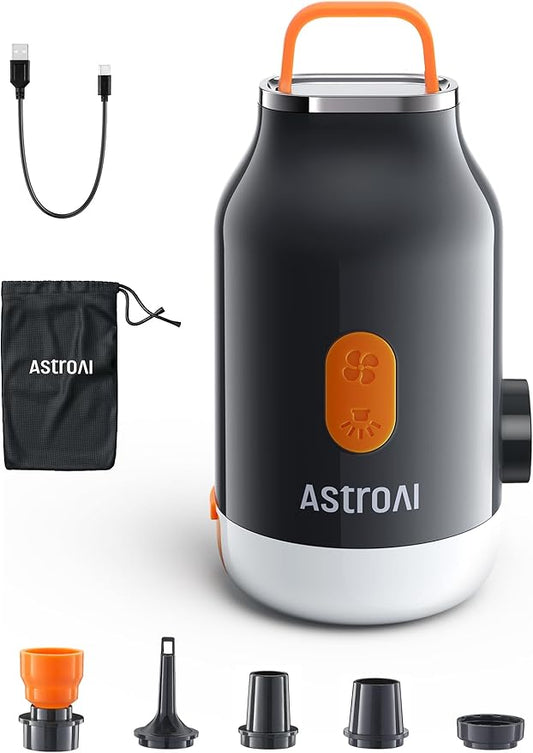 AstroAI Mini Air Pump for Inflatables with 3000mAh Battery Air Mattress Pump with Camping Lantern Electric Air Pump with 5 Nozzles Inflate & Deflate Air Mattress, Vacuum Storage Bags