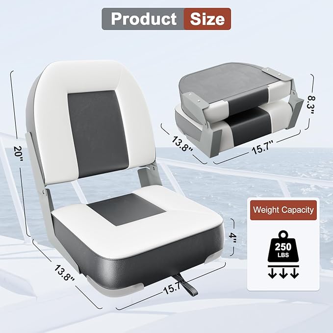 2-Pack 20" High Back Boat Seat with Thickened Sponge Padding and Hinge, Waterproof Boat Captain Chairs, Easy to Store, Ideal for Fishing, Sightseeing, Boating Grey