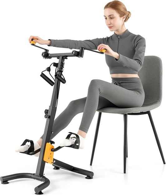 Goplus Foldable Pedal Exerciser for Seniors, Hand Arm Leg Knee Physical Therapy Exercise Bike w/Adjustable Height, Handgrip, Resistance Band, Recovery Home Workout Equipment for Elderly