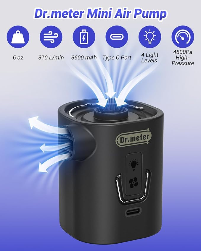 Dr.meter Air Pump for Inflatables, 3600mAh Rechargeable Air Mattress Pump with Camping Light 4.8kPa Fast Inflate Deflate Portable Mini Air Pump for Sleeping Pad, Swimming Ring, Pool Float, Vacuum Bags