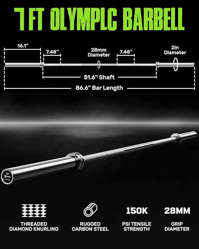 PB01 7FT Olympic Barbell, Weight Bar with Knurled Grip, 1000lb Capacity Strength Training Deadlift Bar for Squat, Weightlifting, Bench Press, Fits 2-inch Standard Weight Plates