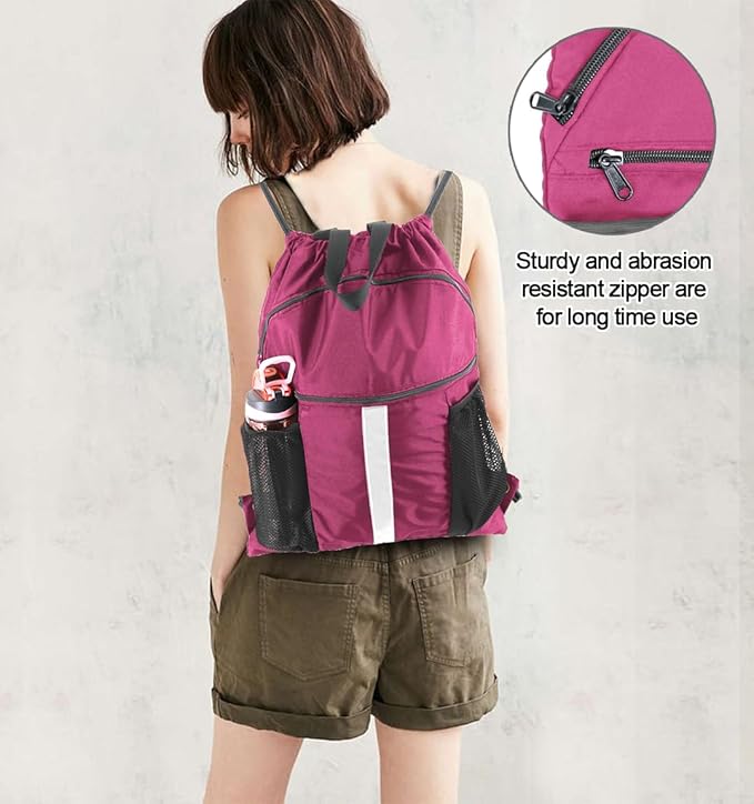 BeeGreen Drawstring Backpack Bag with Shoe Compartment, X-Large Black Gym Sports String Cinch Backpack