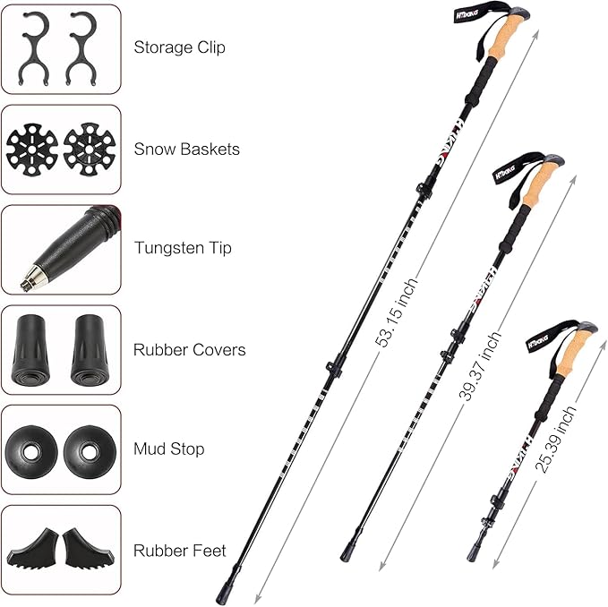 Carbon Fiber Trekking Poles Telescopic Walking Sticks Lightweight Collapsible Hiking Poles with Cork and EVA Foam Grips & Quick Adjustable Flip Locks, All-Terrain Accessories for Backpacking Camping
