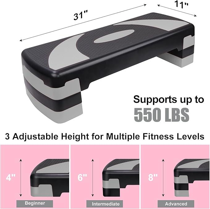 Exercise Workout Aerobic Step Platform Trainer, 31" Aerobic Stepper with 4"-6"-8" Adjustable Height Risers