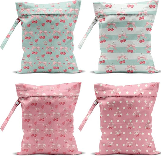4 Pack Cute Bow Cherry Wet Bag Waterproof Washable Reusable Wet Dry Bag for Swimsuit Dirty Clothes Soiled Items Cloth Diaper Travel Beach Pool Yoga Gym Toiletries Travel Beach Essentials