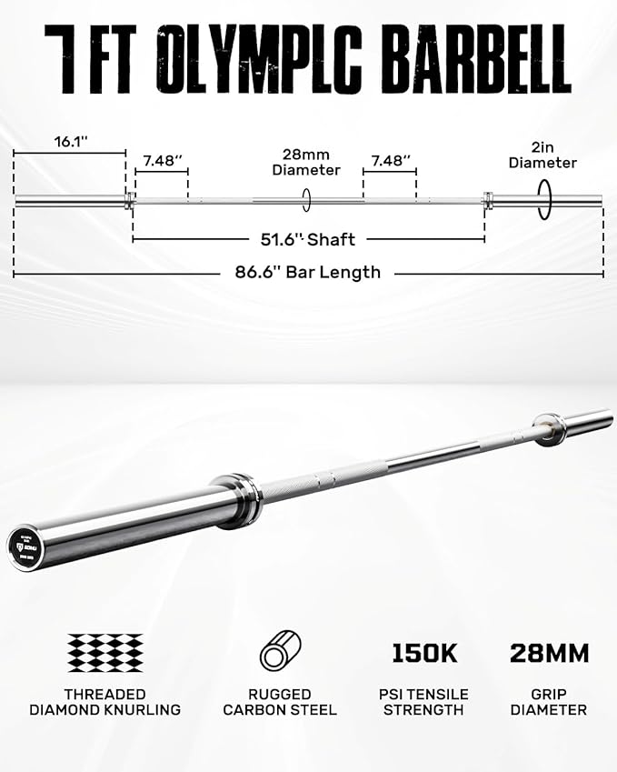 PB01 7FT Olympic Barbell, Weight Bar with Knurled Grip, 1000lb Capacity Strength Training Deadlift Bar for Squat, Weightlifting, Bench Press, Fits 2-inch Standard Weight Plates