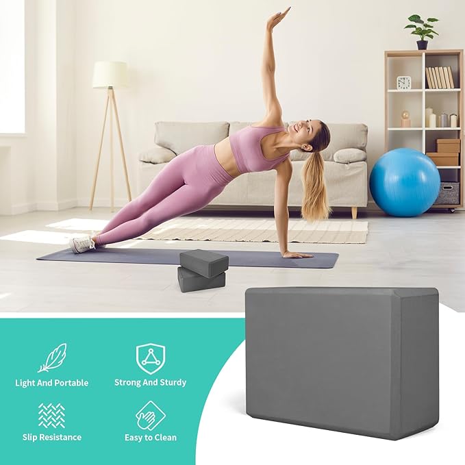 Yoga Block 2 Pack 9"x6"x3", Sturdy Yoga Foam Blocks, High Density & Non Slip Surface for Pilates & Stretching, Fitness Accessories for Stability & Balance
