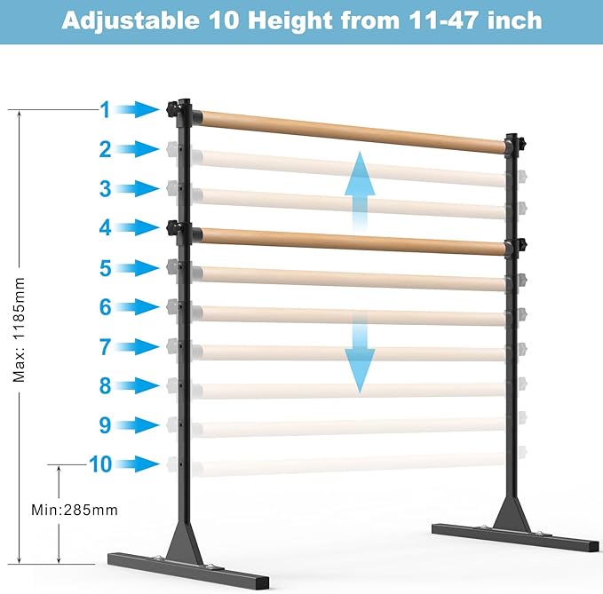 4FT/5FT/6FT Height Adjustable Freestanding Ballet Barre with Fabric Sleeve Portable Double Ballet Bar 350 lbs Capacity Heavy Duty Dance Barre for Home Workout, Stretch